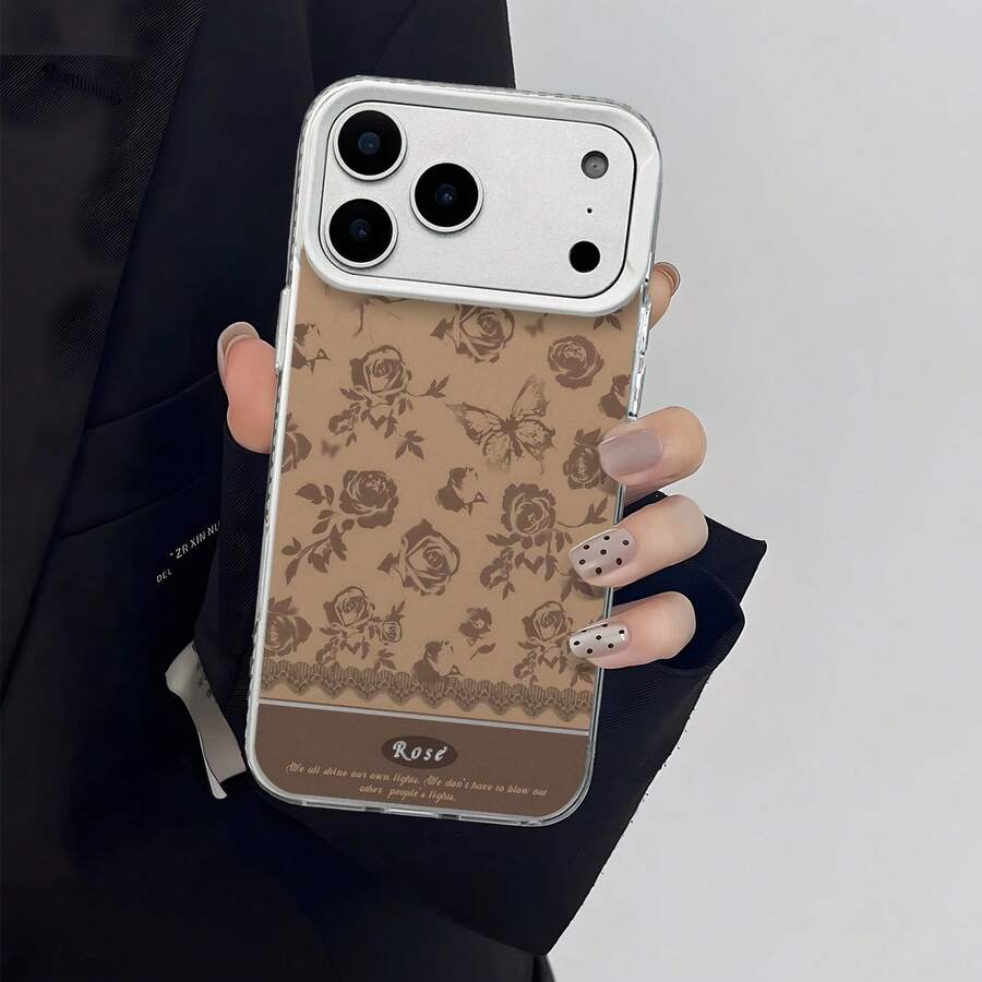 HANCAI 1pc Coffee Vintage Rose Butterfly Lace Large Window Phone Case, Artistic French ROSE English Full Coverage Shockproof Soft Shell, Suitable For IPhone17/17Pro/17ProMax/16/16Plus/16ProMax/16e/15ProMax/11/12/12Pro/12ProMax/13/13Pro/13ProMax/14/14Pro/14ProMax, Ins French Artistic Phone Protective Cover - White Frames, Matte White - View 1