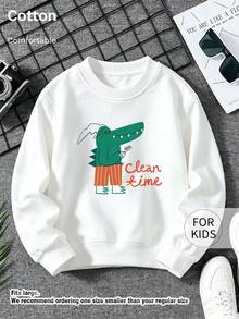 Barn sweatshirt med rund hals, Clean Time tecknad krokodiltryck, ren bomull, mjuk avslappnad långärmad pullover - Vitt - Visa 1