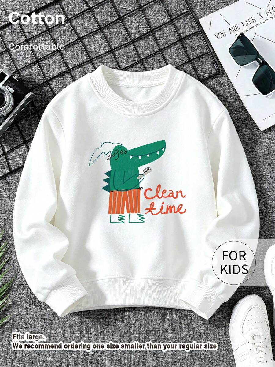 Barn sweatshirt med rund hals, Clean Time tecknad krokodiltryck, ren bomull, mjuk avslappnad långärmad pullover - Vitt - Visa 1