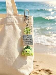 Green Four-Leaf Clover Turtle Flocking Keychain,Cute Turtle Keychain,Lucky Sea Turtle Ornament,Vacation Style,Bag Pendant Gift For Women,Girls,Friends - Multicolor - View 9