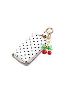 Polka Dot Cherry Print Multi-Function Storage Bag - Can Be Used As Car Key Holder, Coin Purse Or Earphone Case; With Zipper And Keychain, Can Be Attached To Handbag Or Backpack; Unisex Polka Dot Storage Bag. - Multicolor - View 12