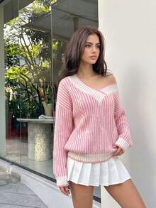 Pink‑White Color Block Striped Ribbed V‑Neck SweaterAsymmetrical Loose Drop‑Shoulder Long‑Sleeve Knit Top For Early‑Autumn Back‑To‑School Daily Wear - Pink - View 5