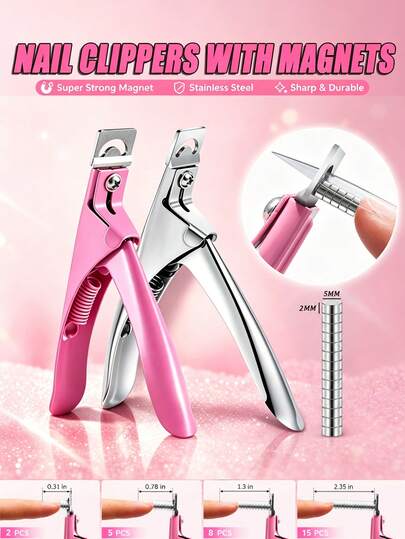 Pink/Silver Adjustable Nail Clippers With 15 Magnets And Size Ruler, Stainless Steel Fake Nail Tip Trimmer For Acrylic/False Nails, Sharp Blade Nail Art Tool, Salon Nail Supplies, Gift For Women/Girls, Back To School, Nail Clippers, Nail Art Supplies