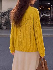 Women's Autumn/Winter Casual Cute Elegant Youthful Soft Delicate Textured V-Neck Cardigan Jacket - Yellow - View 2