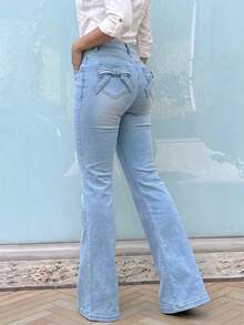 Women's Casual Skinny Bow Decor Elastic Flare Leg Jeans - Light Wash - View 1