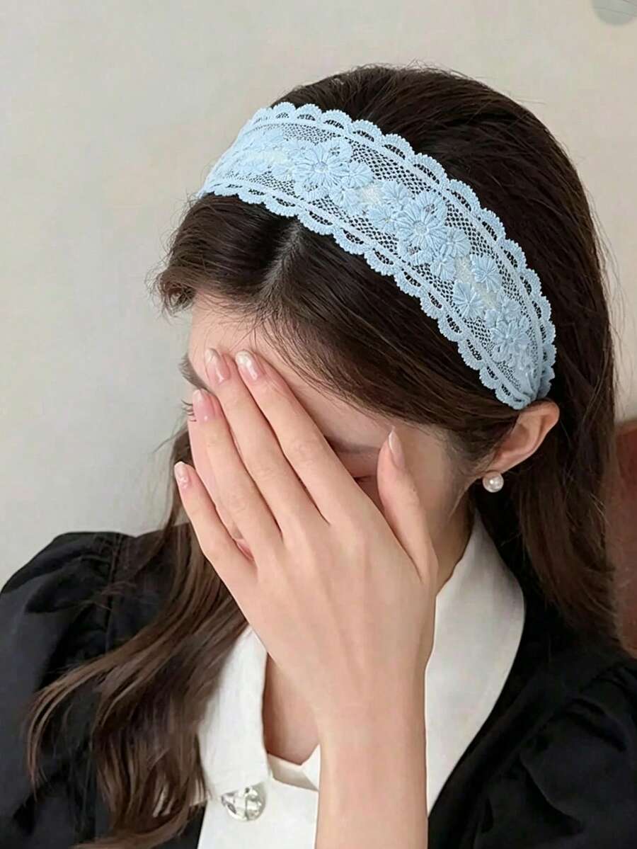 1pc Light Blue Lace Headband, Countryside Style Headband, Versatile For Daily Wear And Photo Shoots,Travel,Party - Baby Blue - View 1