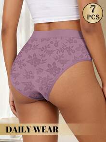 MEIYATING 7pcs Women's Mid-Low Waist Seamless Panties, Fashionable Floral Print & Solid Color, Comfortable & Snug Fit Triangle Briefs - Multicolor - View 3