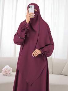 2pcs Soft Loose Muslim Headscarf With Matching Cuff Beaded Drawstring Design Dress, Abaya For Daily Wear And Prayer, Luxury Style (Headscarf + Dress) - Multicolor - View 15