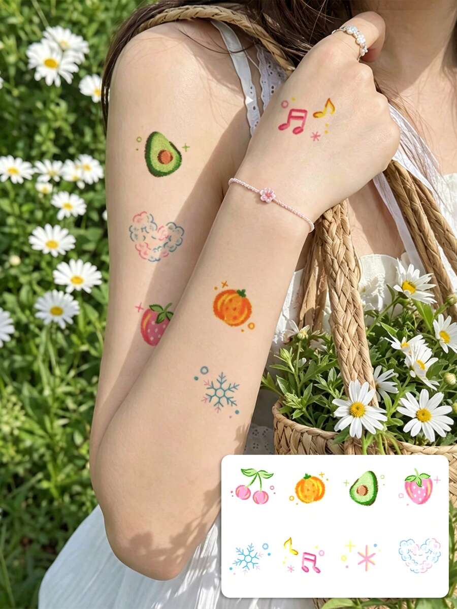 1 Sheet Color Pencil Hand‑Drawn Mini Mixed Temporary Tattoo Stickers, Assorted Fruit Snowflake Music Note Cloud‑Heart Small Designs, Waterproof Body Art Decals, Apply On Wrist, Forearm, Collarbone, Upper Arm, Fresh Sweet Ins‑Style Daily Decor - Multicolor - View 1