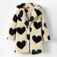 Tween Girls Heart Pattern Faux Fur Hooded Coat Winter Warm Fleece Fuzzy Thermal Jacket - Khaki - View 4