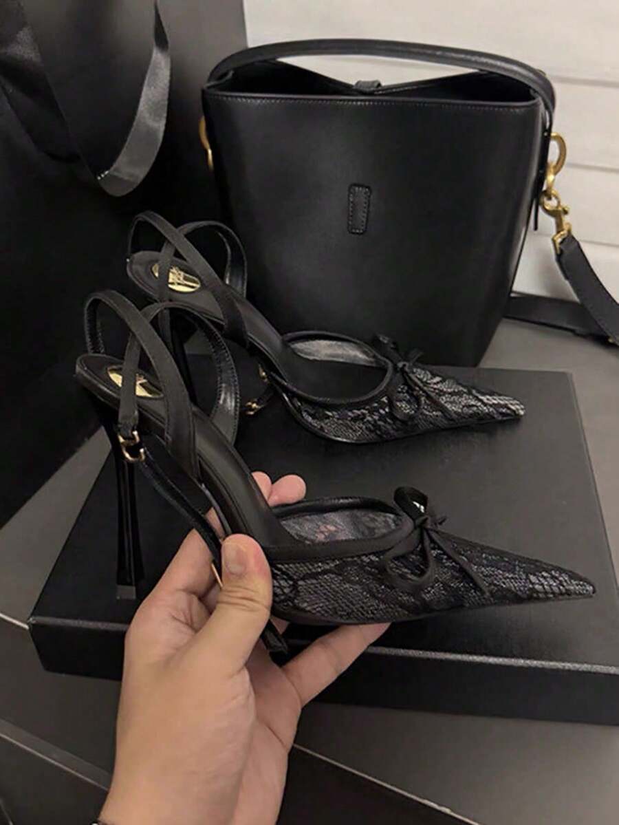 女款尖頭高跟鞋,細高跟,新款封趾鏤空蝴蝶結涼鞋,百搭低鞋口鞋 - 黑色 - 查看 1