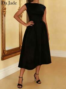 Da Jade French Style Sleeveless Boat Neck Midi Dress, Back Cutout, A-Line Waist With Flared Skirt, Smooth And Luxurious, Classic And Elegant, Suitable For Dinner Dates, Wedding Guests, Cocktail Party Looks - Black - View 2