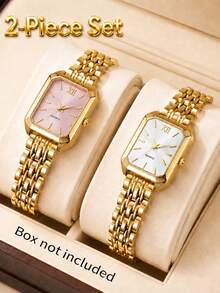 2Pcs Matching Vintage Square Quartz Watch Set For Girl & Kids Girls, Ins Style Gold Metal Band Roman Number Daily Wrist - Pink - View 3