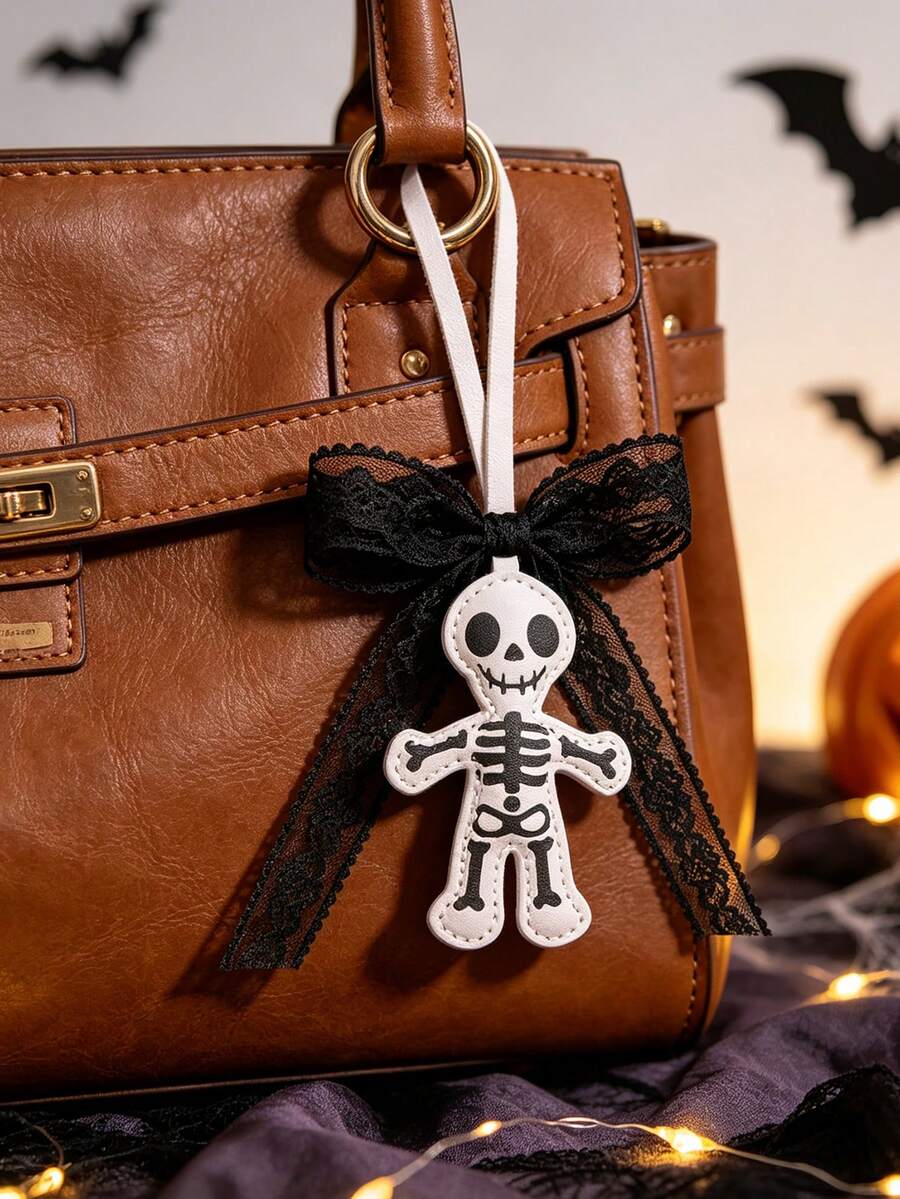 Pu Material Double-Sided Ghost Dark Skeleton Keychain, Lace Bow Pendant, Halloween, Funny Bag Pendant; Y2k Style; Festival Gift - Multicolor - View 1