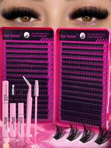 640/544 Clusters D Curl Single Stem False Eyelashes Large Capacity Set, Beginner-Friendly Classic Y-Shape DIY Home Lash Extension, Reusable Mixed Style (Includes Adhesive & Setting Liquid, Tweezers & Lash Brush), Natural Fluffy Cluster Lashes, Suitable For Daily And Evening Party Makeup - Hot Pink - View 1