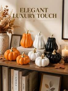 Elegant Decorative Ceramic Pumpkin Ornament Set, Gold-Plated Stem, Multiple Sizes (Small/Medium/Large), Orange And White, Suitable For Living Room, Study, Desktop, Home Decor, Halloween - Multiple Styles - View 9