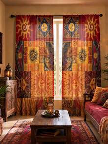 2pcs Vintage Patchwork Sun Print Semi-Sheer Curtains, Bohemian Warm Tone Plaid Sun God Pole Bag Curtains For Bedroom Floor-To-Ceiling Window Decor - Multicolor - View 3