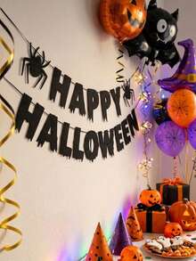 1/2pcs/Set Happy Halloween Party Decoration Paper Banners, Black Felt Spider Banners, Create Halloween Party Atmosphere, Indoor/Outdoor Halloween Decorations, Suitable For Halloween Theme Party Home Living Room Wall Decor - H-flag - View 1