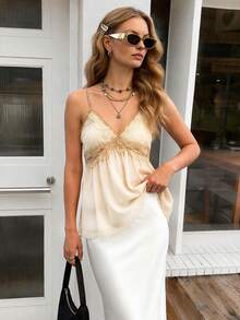 GMFP Damen Bohemian Stil Tiefer V-Ausschnitt Beige Camisole, Alltagskleidung, Party, Schulanfang, Abschlusszeit, Halloween, Weihnachtstop - Beige - Übersicht 3