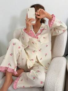 Dreamivo Women's Ruffle Trim Playful Elegant Loungewear Set, Little Cherry Striped Print Long Sleeve Pants Contrast Color Pajama Set - Multicolor - View 1