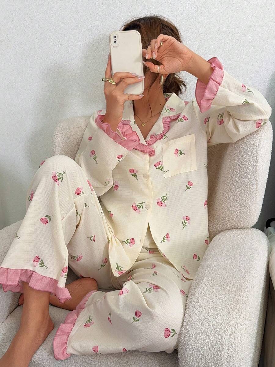 Dreamivo Women's Ruffle Trim Playful Elegant Loungewear Set, Little Cherry Striped Print Long Sleeve Pants Contrast Color Pajama Set - Multicolor - View 1