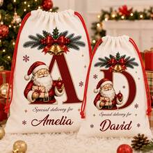 Custom Initial Christmas Drawstring Bag, Personalized Name Gift Bag, Holiday Santa Style, Custom Holiday Storage Bag, Customizable Christmas Gift - Red and White - View 6
