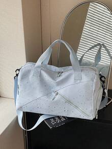 Women's Large Capacity Travel Luggage Bag With Starry Print Pattern, Multiple Exterior Pockets, Fabric Material, Detachable Adjustable Wide Strap, Multi-Compartment Storage With Multiple Zippers, Fresh Minimalist Style, Versatile Handheld Crossbody Sports Bag For Short Trips, Fitness, Outings, School, Commuting - View 5