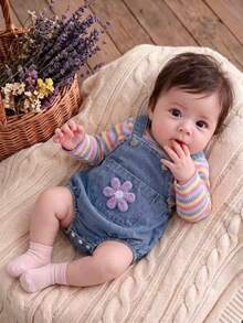 Autumn/Winter Baby Girl Cute Macaron Colorful Striped Bodysuit & Playful Floral Denim Overall Triangle Romper Outfit For Outings And Photos - Multicolor - View 1