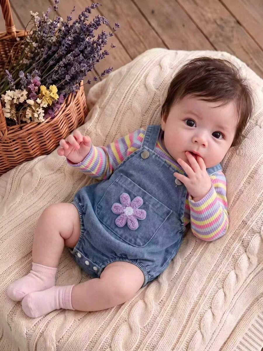 Autumn/Winter Baby Girl Cute Macaron Colorful Striped Bodysuit & Playful Floral Denim Overall Triangle Romper Outfit For Outings And Photos - Multicolor - View 1