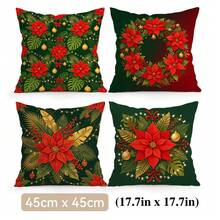 4pcs Christmas Poinsettia Pillow Covers, Wreath Colorful Ball String Light Palm Leaf Print Pattern Without Insert, Single-Sided Print Pillow Covers, Suitable For Living Room Bedroom Home Decor, All Season Pillow Covers - Multicolor - View 13