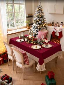 1pc Vintage Christmas Theme Tablecloth, Holiday Family Gathering Banquet Tabletop Atmosphere Decorative Tablecloth - Red - View 2