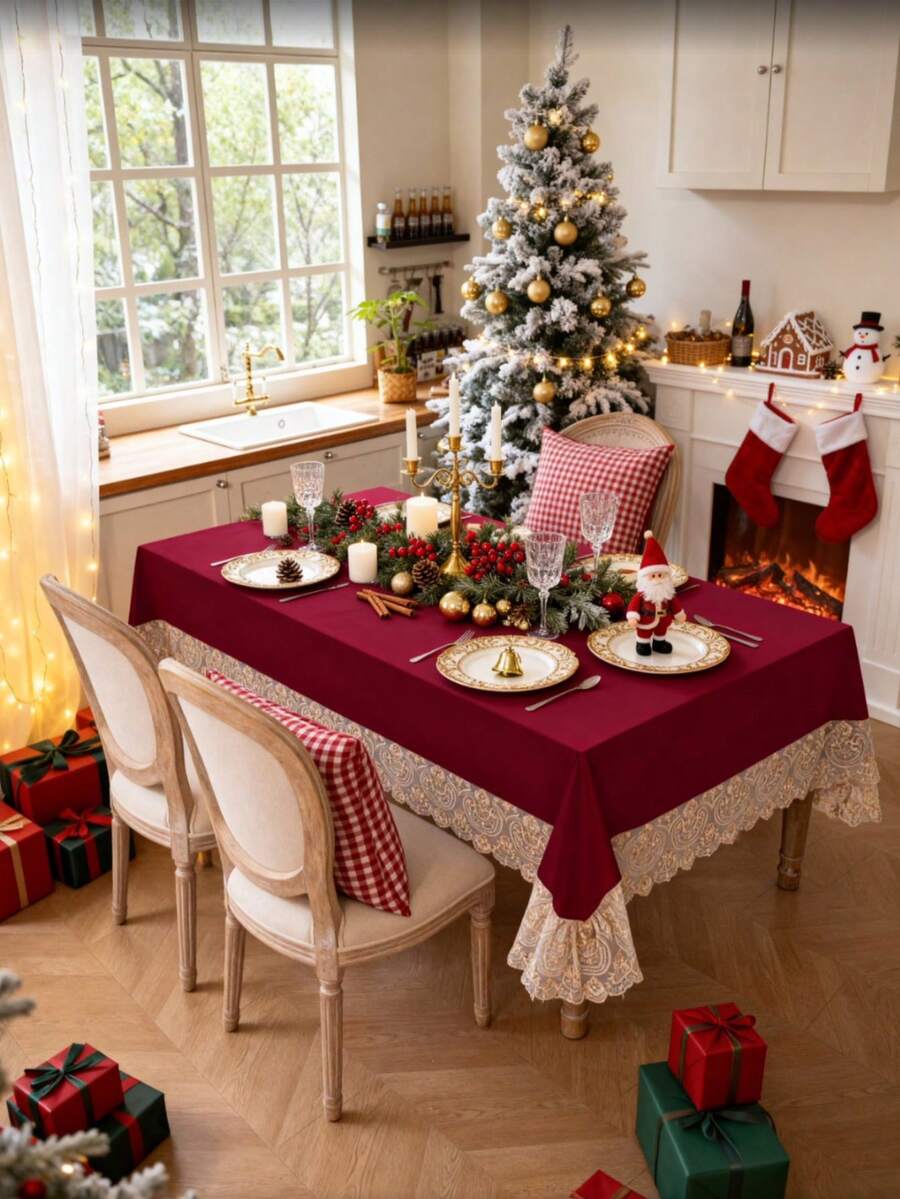1pc Vintage Christmas Theme Tablecloth, Holiday Family Gathering Banquet Tabletop Atmosphere Decorative Tablecloth - Red - View 1