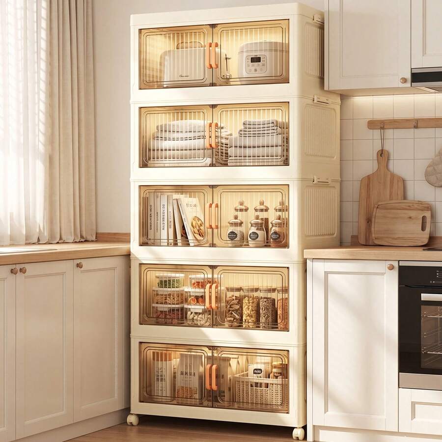 5-Layer Foldable Storage Cabinet, Plastic Sundries Organizer With Doors & Wheels, Stackable Large Capacity Home Organization For Bedroom, Living Room, Kitchen, Easy Assembly & Space-Saving Design