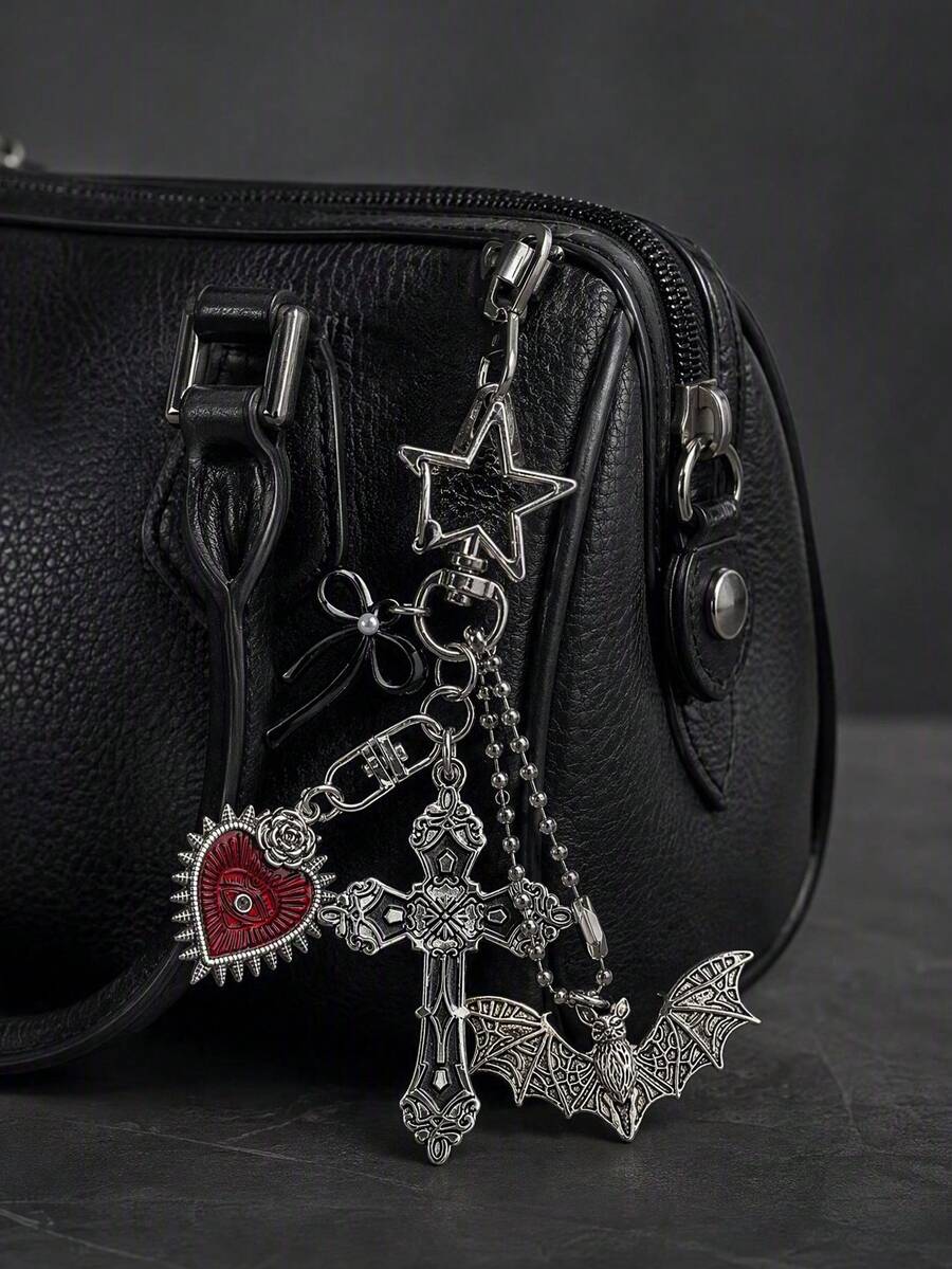 Gothic Cross Keychain, Dark Bow Bat Heart Pendant, Personalized Car Keychain, Bag Charm, Unique Birthday And Halloween Gift. - Multicolor - View 1
