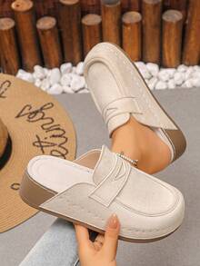 Women's Thick Sole Platform Wedge Mule Slippers, Solid Color Round Toe Casual Slip-On Shoes For Spring And Autumn Daily Wear, Beige Half-Back Slippers - Beige - View 2