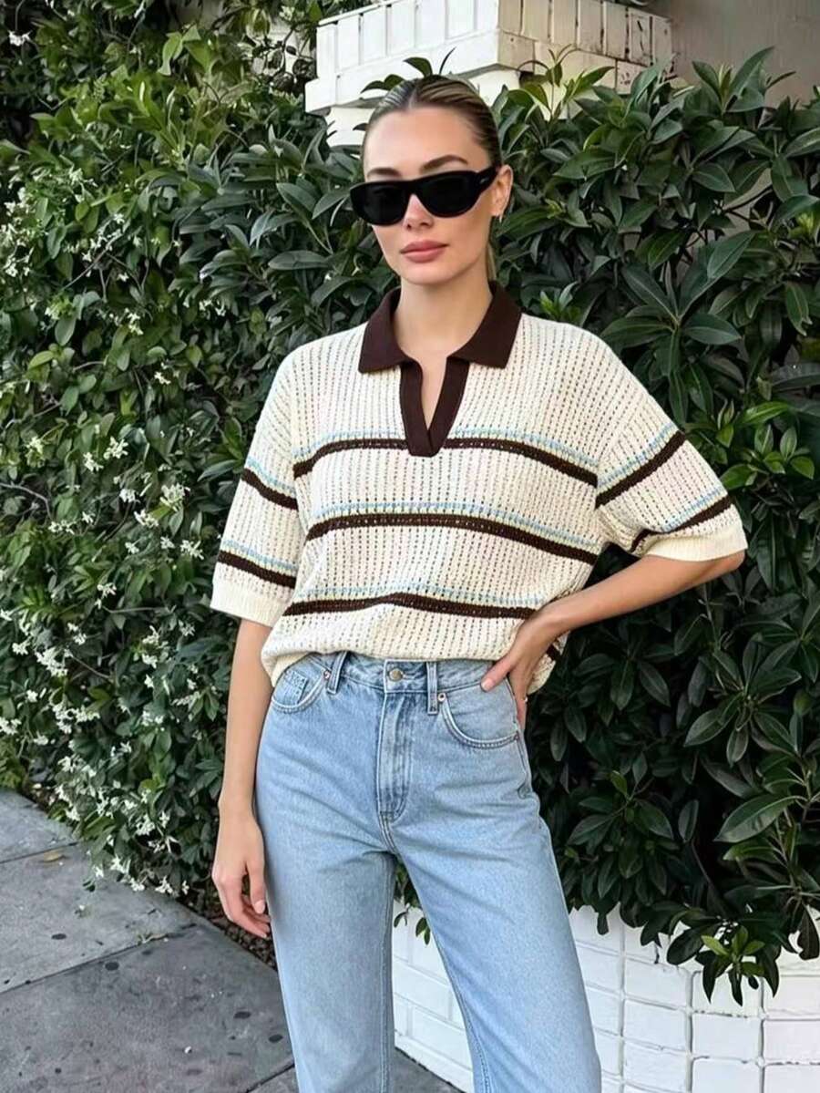 DEEKA Autumn/Winter New Women's European And American Style Fashion Minimalist Turn Collar Striped Knit Short Sleeve Sweater - Beige - View 1