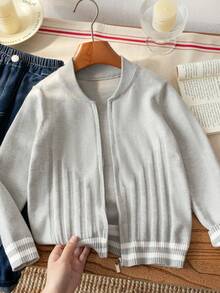 Boys' Stand Collar Full Zip Long Sleeve Knitted Cardigan, Vertical Striped Contrast Color Casual Versatile Knit Jacket, Suitable For School Daily Wear In Autumn/Winter - Grey - View 2