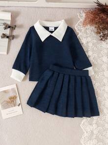 2pcs Baby Girl Soft Cute Academy Style Contrast Color Lapel Long Sleeve Top And Skirt Set, Spring/Autumn Thin Daily Outfit - Navy Blue - View 3