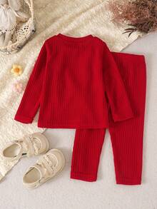2pcs Girls (Infant) Sweet & Cute 3D Knitted Flower Decor Round Neck Long Sleeve Top & Matching Pants Set, Spring/Autumn - Red - View 2