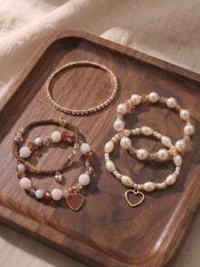 5pcs Bohemian Style Multi-Layer Stackable Bracelet Set, Vintage Faux Pearl Rhinestone Beaded Heart Pendant Women's Bracelets, Daily & Vacation Accessories - Brown - View 3