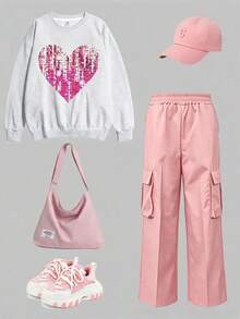 2pcs/Set Suitable For Girls Big Kids Crew Neck Sweatshirt And Cargo Pants Outfit, Printed Heart Sequin Pattern Crew Neck Sweatshirt + Cargo Pants Matching Set, Suitable For Autumn/Winter Daily Wear - Multicolor - View 2