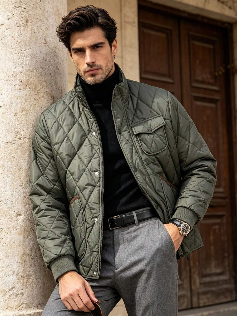 Men's Winter Fashion Long Sleeve Stand Collar Padded Jacket, Suitable For Daily Commute And Vacation - Green - View 1