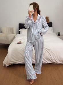 Dreamivo Women's Ruffle Trim Playful Elegant Loungewear Set, Cherry Striped Print Long Sleeve & Long Pants Contrast Color Pajama Set - Baby Blue - View 3