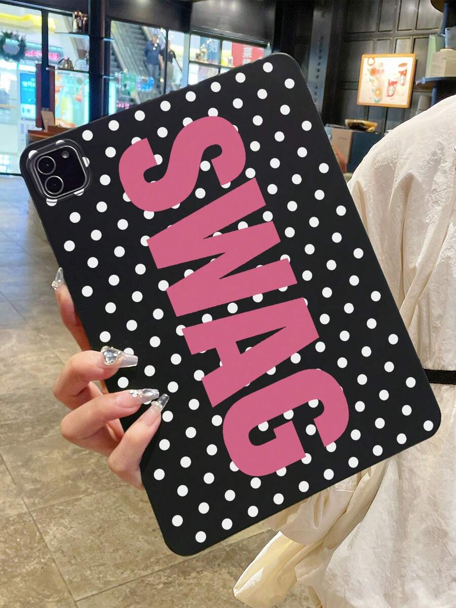 1pc Y2K Millennium Hot Girl Style Black Background White Polka Dot SWAG Fuchsia English Print Tablet Protective Case, Ins Influencer Cool Personalized Full Coverage Anti-Drop Black Matte Soft Shell, Suitable For Personal Use, Birthday Gift Choice; Compatible With Ipad Case, - Black - View 1
