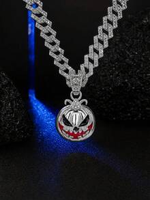 Men Halloween Pumpkin Face Pendant Necklace, Hip Hop Enamel Rhinestone Cuban Chain Necklace, Gothic Party Costume Jewelry Gift - Pumpkin Head Pendant - View 3