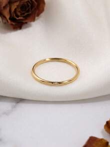 1pc Stainless Steel 18K Gold Plated Fashion Smooth Single Rhinestone Ultra Thin Ring, Low-Key Elegant Texture, Suitable For Commute, Casual And Various Outfits, Minimalist Versatile Hand Accessory - Ultra-thin Rhinestone Ring - View 1