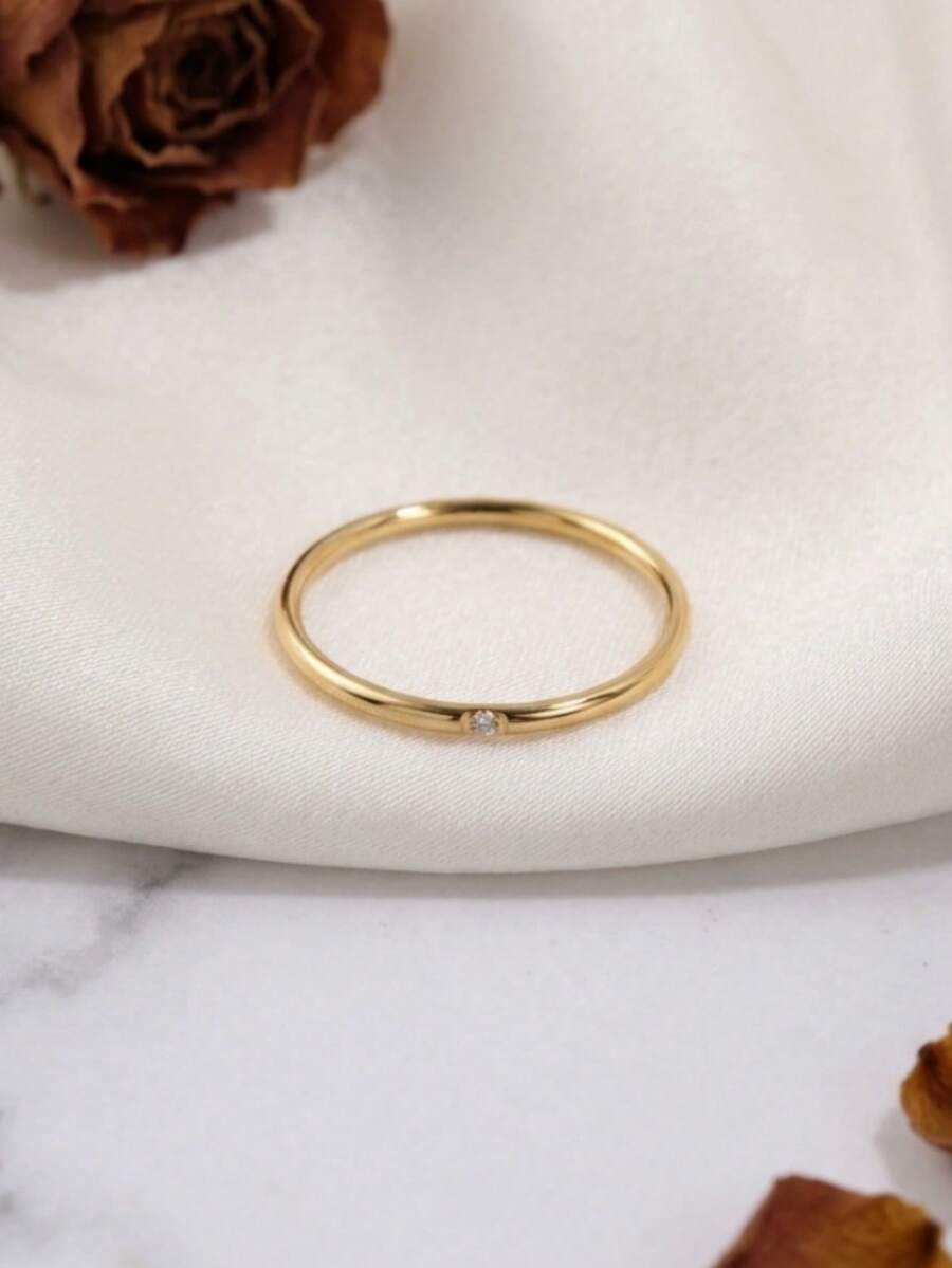 1pc Stainless Steel 18K Gold Plated Fashion Smooth Single Rhinestone Ultra Thin Ring, Low-Key Elegant Texture, Suitable For Commute, Casual And Various Outfits, Minimalist Versatile Hand Accessory - Ultra-thin Rhinestone Ring - View 1