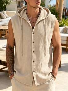 1pc Men's Linen Blend Sleeveless Hooded Vest, Button Down Drawstring Hood Tank Top, Casual Lightweight Beach Vacation Summer Sleeveless Shirt For Men - Khaki - View 2