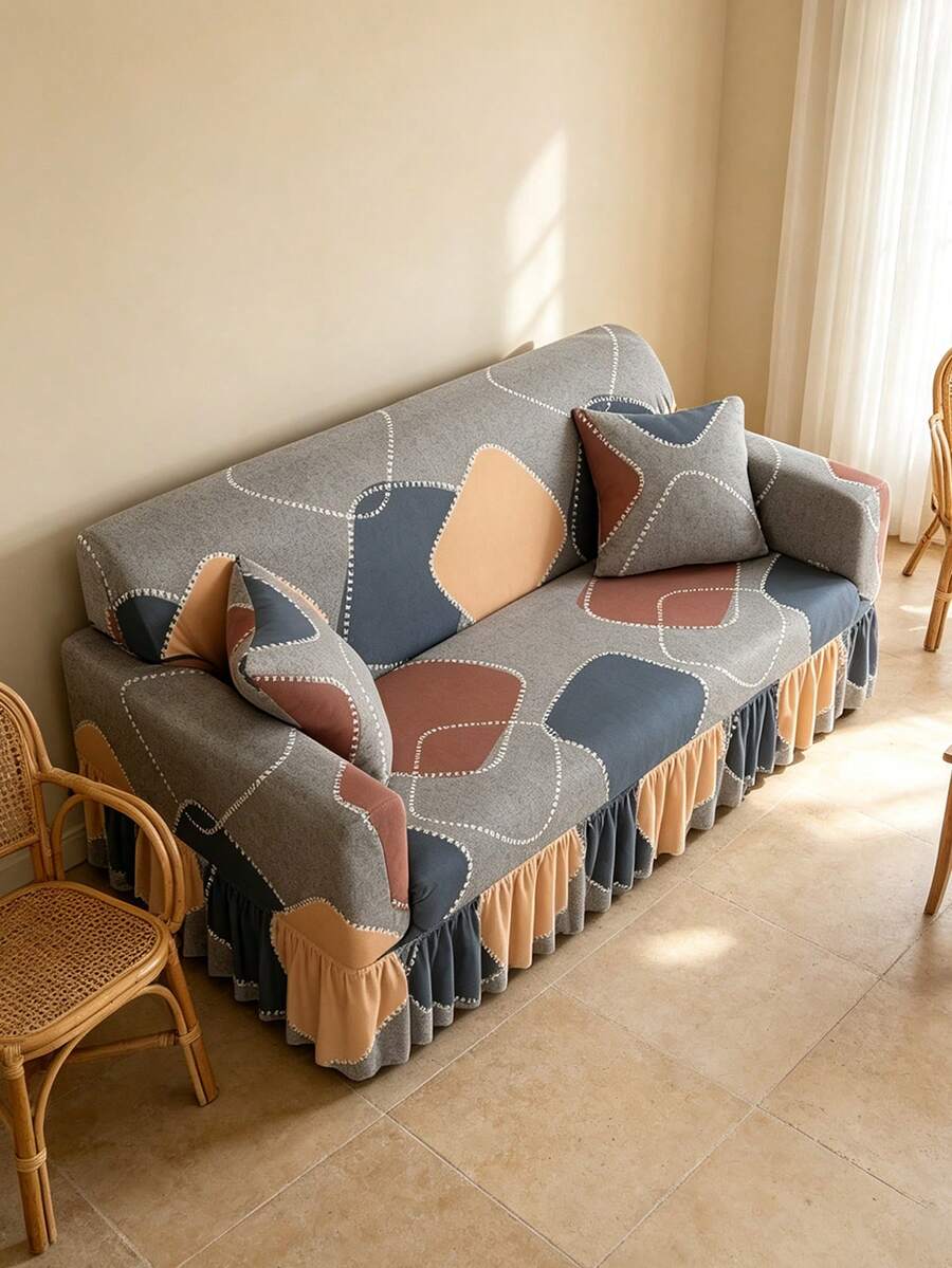 1pc Printed Hem Full Coverage Elastic Sofa Cover, Dust-Proof & Dirt-Resistant, Stretchable One-Piece Full Coverage Sofa Protector, Living Room Home Decor, Machine Washable - Grey - View 1