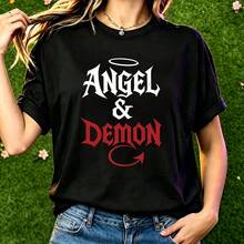 Halloween Women's T-Shirt Black Casual Short Sleeve Crew Neck T-Shirt With Angel And Devil Print - Black - View 1